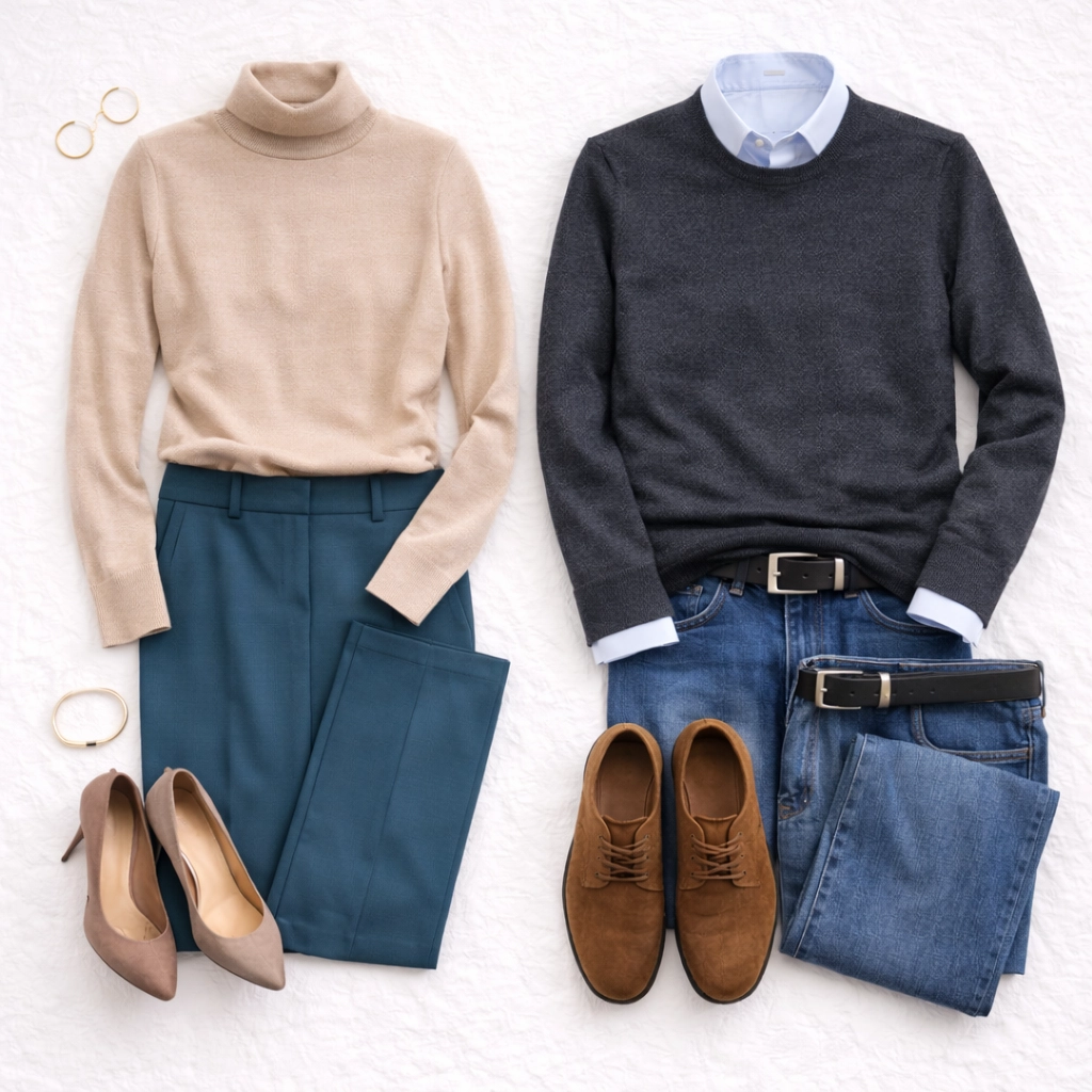 Flat lay záložní varianty v jiné barvě — světlejší a tmavší alternativa outfitu