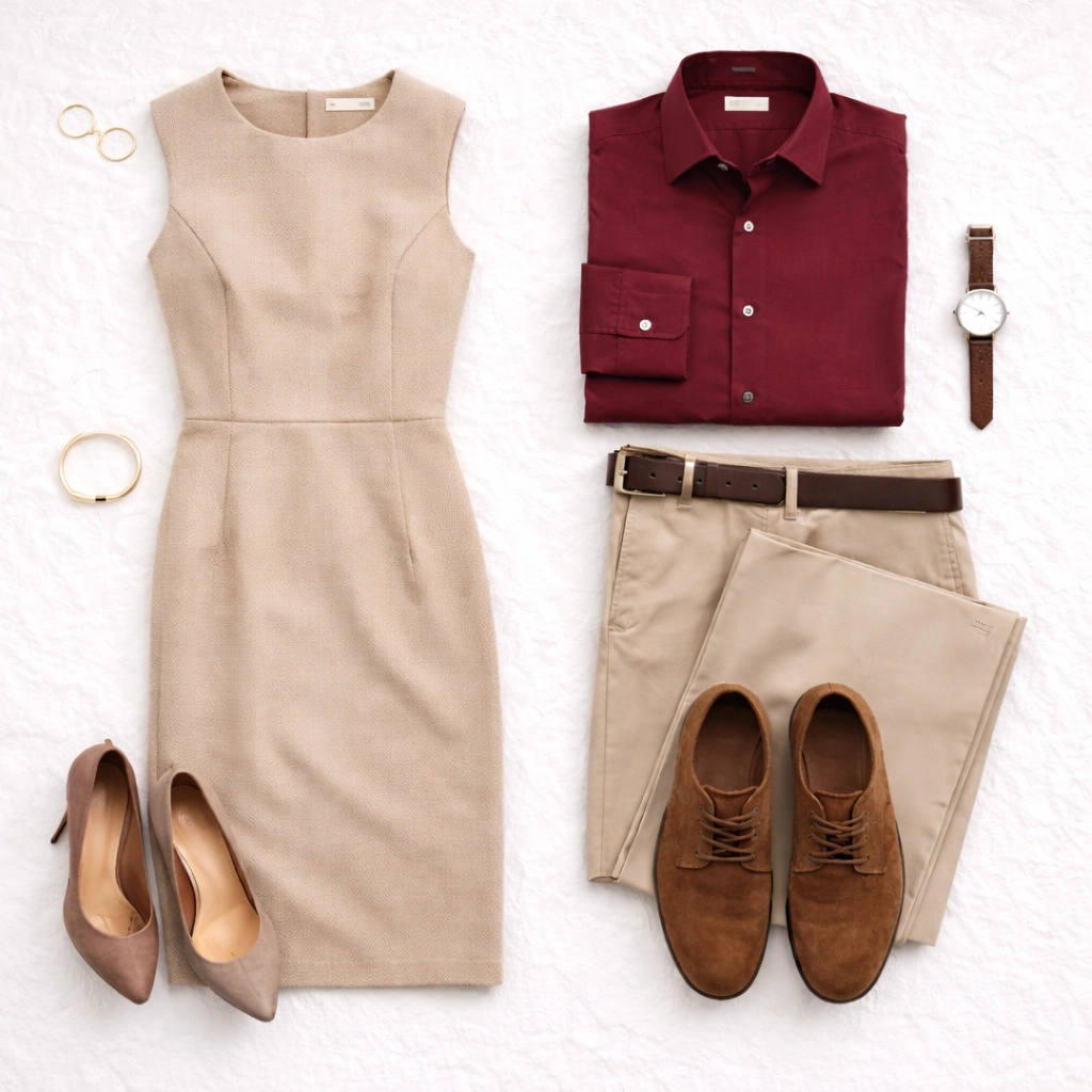 Flat lay formálnější business varianty — sako, košile, doplňky pro ženu i muže