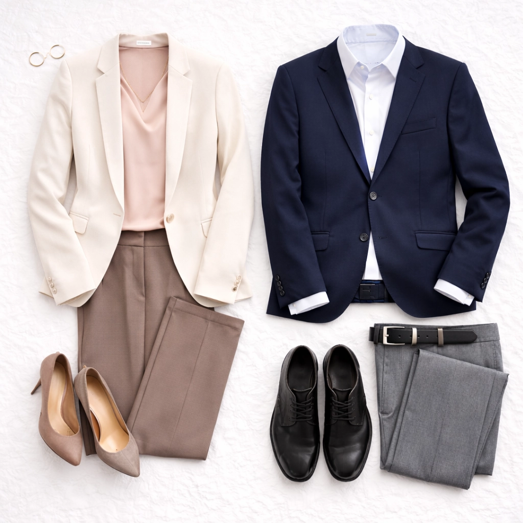 Flat lay civilnější business varianty — svetr, top, kalhoty pro ženu i muže